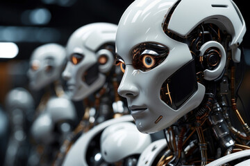 White cyborg robot scientist, dynamic movement, experience with cybernetic intelligence. A young android robot in production, with metal on his face