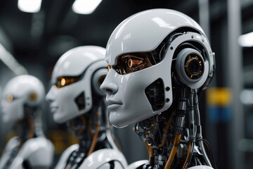 White cyborg robot scientist, dynamic movement, experience with cybernetic intelligence. A young android robot in production, with metal on his face