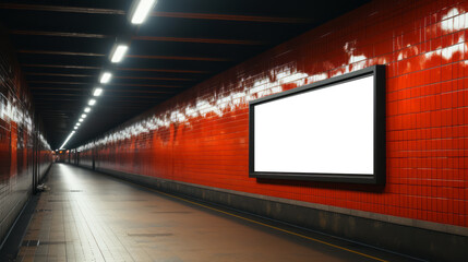 Subway station corridor with bright red tiles and empty ad space. Urban transportation and advertisement concept Generative AI