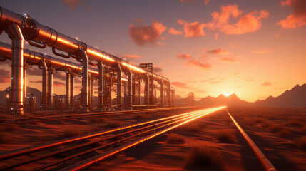 Sunset over a pipeline infrastructure in the desert. Energy and resource management concept. Generative AI