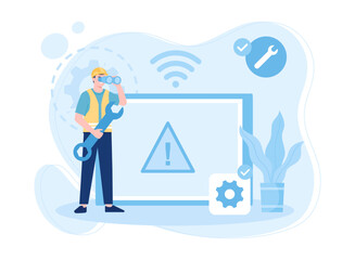 A man is checking a device for repairs concept flat illustration