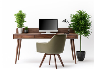 3D image of office desk and chair. Minimalist style isolated on a white background. There is a small flower plant in a vase as an ornament.