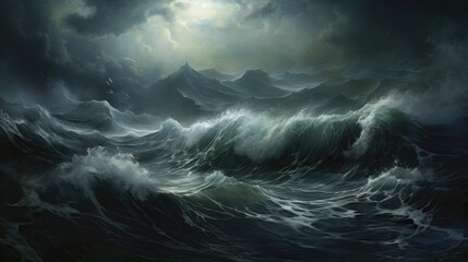 A stormy seascape at night, with tumultuous waves and dark, threatening clouds. The horizon is centered, providing space above or below for text. The sea is a metaphor for turmoil and fear.