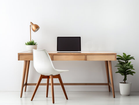 3D image of office desk and chair. Minimalist style isolated on a white background. There is a small flower plant in a vase as an ornament.