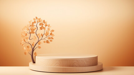 Wooden Product Podium with Autumn Leaves for Merchandise Display