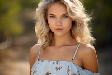 most beautiful woman in the world, blonde with blue eyes, summer dress. generative AI