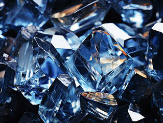 The concept of fake crystals and gems comes to life with an abstract background featuring shiny pieces of broken transparent glass on a dark surface.