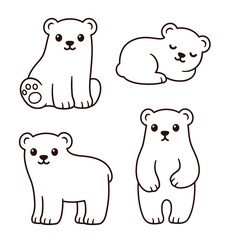 Cute cartoon bear cubs line art drawing set. Black and white outline for coloring, simple vector clip art illustration.