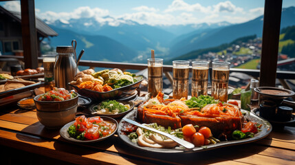 on the table there is food from a restaurant with a view of the snow-capped mountains for people...