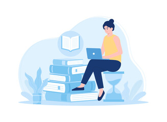 A woman is reading and searching to gain new knowledge concept flat illustration