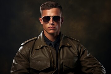 A young handsome military pilot. Portrait of a military man, black studio background. Generative AI.