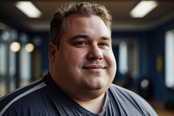 portrait of a fat man in the gym. An overweight man is doing a fitness workout. swings for weight...