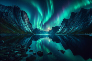 A Norwegian fjord etched with towering cliffs, its still waters a mirror for the vibrant auroras cascading across an inky night sky, illuminated sole by the glow of a hunter's moon Generated Image - obrazy, fototapety, plakaty