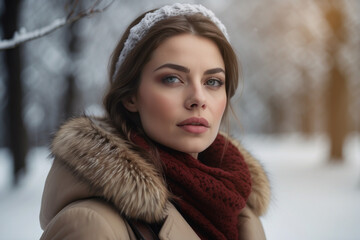 Close-up portrait of a beautiful girl in a winter park. woman in snowfall in the forest. winter eve