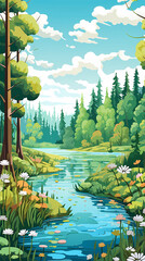 Hand drawn cartoon beautiful impressionist style summer landscape illustration
