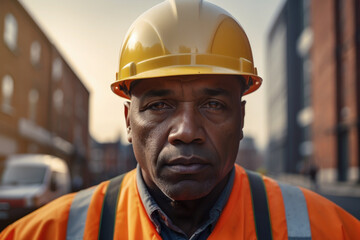 Portrait African American man working  construction site, wearing  construction helmet and a work vest, tired. Construction site professional: the guy an engineer. against the background of the city