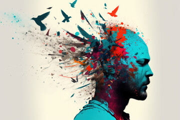 Imagination and freedom thinking concept. Colorful birds flying from man head background. Color splash painting. Generative ai