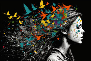 Imagination and freedom thinking concept. Colorful birds flying from woman head background. Color splash painting. Generative ai