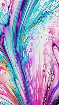 abstract fluid art explosion with vibrant hues of pink, blue, and purple, with splattered ink droplets creating an energetic pattern.