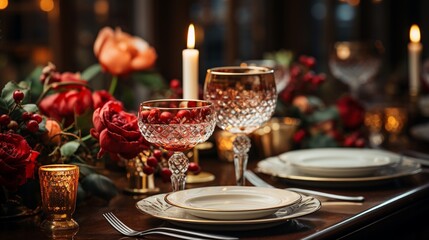 Fototapeta premium Elegant Dinner Table Setting with Roses and Candlelight for Romantic Events