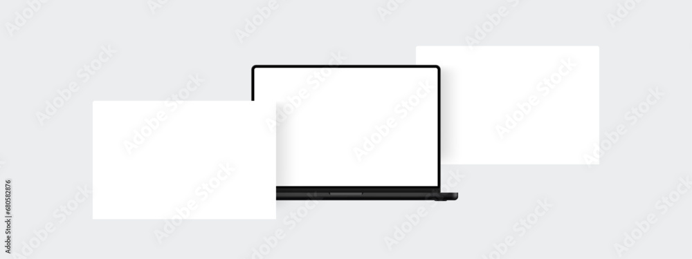Poster modern black laptop with blank web screens, front view. mockup for showcasing web-design projects. v
