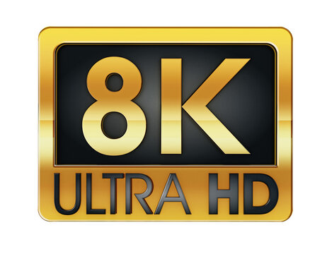Gold 8K Ultra HD label isolated on transparent background. 3D illustration