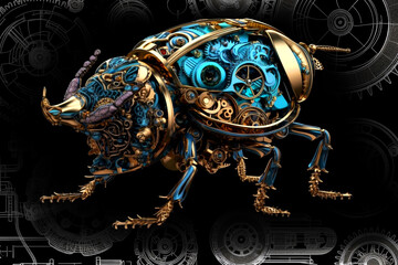 Käfer - mechanisches Steampunk Tier mit sichtbaren Zahnrädern und technischer Zeichnung - obrazy, fototapety, plakaty