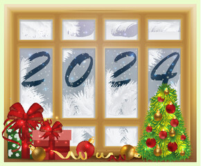 New 2024 year, Winter background with xmas tree, vector illustration	