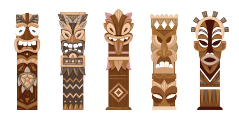 Ritual wooden statues. Cartoon ethnic tiki totems, aboriginal pole totems flat vector illustration set. Hawaiian or african traditional sculptures - obrazy, fototapety, plakaty