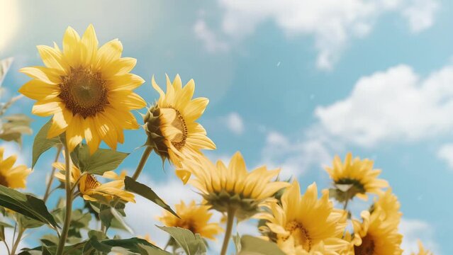realistic sunflower garden background with particle. Spring, Summer flowers garden in sunny day. Nature concept.