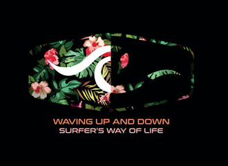 Colorful vector illustration of emblem with wave and floral background.