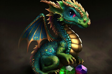 Obraz premium Little green winged dragon with gemstones on a dark background, Year of the Dragon, Generative AI