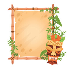 Tiki totem bamboo frame. Cartoon sign with Hawaiian and African aboriginal totem. Bamboo frame with wooden tribal mask flat vector illustration