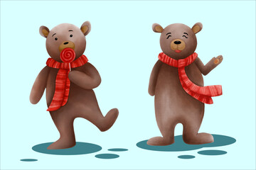 Bear in Red Winter Scarf Smiling waving hand and Eating Lollipop