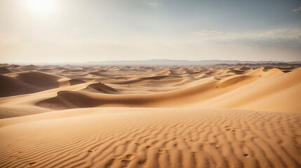 Fototapeta na wymiar An endless, lifeless desert. Sands and dunes. Dry area. Sultry day, scorching heat. Wild nature.