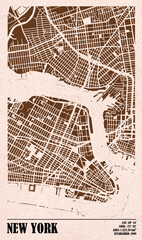 New York map poster for printing to make pictures to hang in your home, decor shop. Minimalist art style map on kraft paper, customized to your color palette