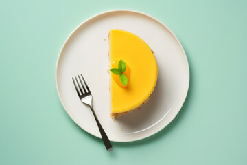 Half of a yellow lemon cheesecake on a white plate with a fork, view from above on a mint green background