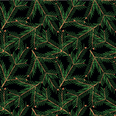Fir tree branch on black seamless pattern stock vector illustration for web, for print, for fabric print