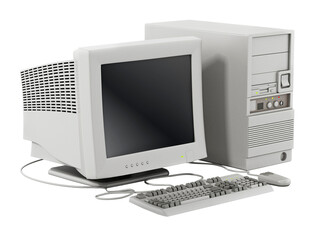 Generic vintage 90's style computer isolated on transparent background. 3D illustration