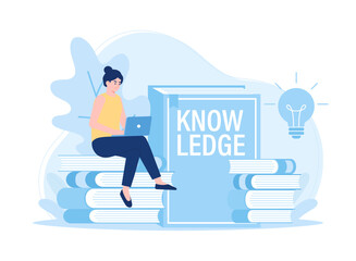 A woman is reading and searching to gain new knowledge concept flat illustration