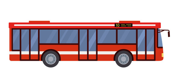 Vector bus icon, transport travel symbol in flat design, illustration of red city passenger bus, side view, isolated on white background