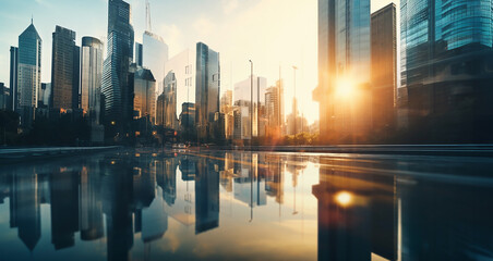 Panorama view of tall buildings, towers, skyscrapers and street on the sunset, reflecting sunlight. Image created by Generative AI. - Powered by Adobe
