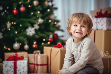 Fototapeta na wymiar Small cute Happy child smile opening Christmas presents, gift box with red ribbon, giving receiving presents Xmas with Christmas tree bokeh