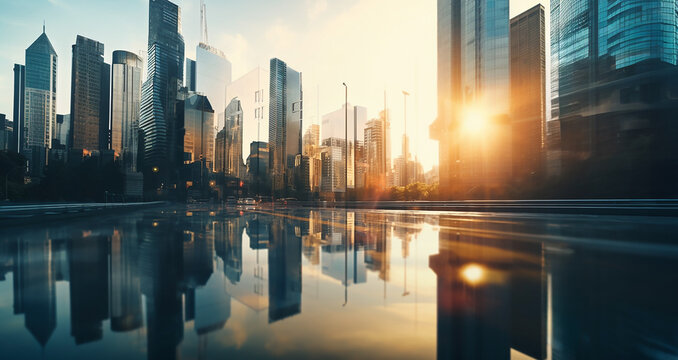 Fototapeta Panorama view of tall buildings, towers, skyscrapers and street on the sunset, reflecting sunlight. Image created by Generative AI.