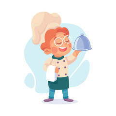 Fototapeta premium Boy Cook or Chef Character in Uniform Holding Dish Tray Vector Illustration