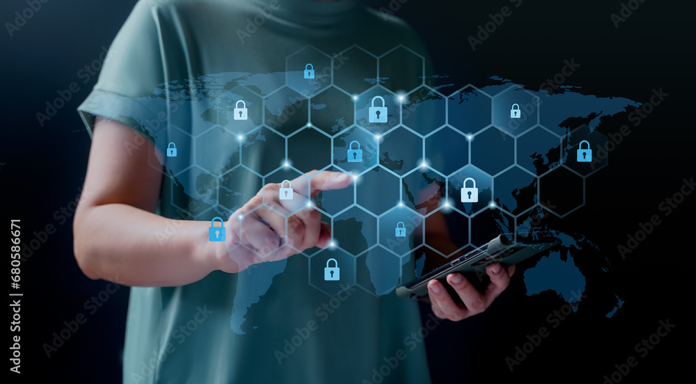 Poster cybersecurity and privacy, protect data. lock icon, internet network security technology. protecting