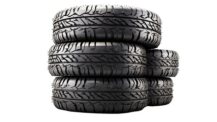 A stack of car tires stacked on top of each other. PNG on transparent background.