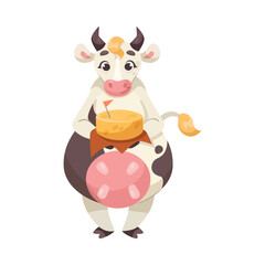 Funny Cow Character with Udder and Spotted Body Hold Cheese Vector Illustration