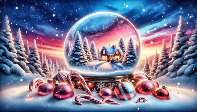 A picturesque winter Christmas scene within a snow globe, complete with a sunset sky and festive decorations, embodying the essence of a peaceful Christmas evening. Generative AI.