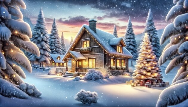 A winter Christmas scene with a snow-covered cottage and a decorated Christmas tree, set against a sunset sky. Generative AI.